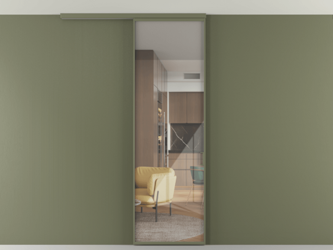 Перегородка Формато вдоль стены на потолок 1 створка АЛПР 040.01 Алюминий оливковый тёмный Рефлективное прозрачное стекло "Стопсол", калёное Цена 174090 сом | Volhovec