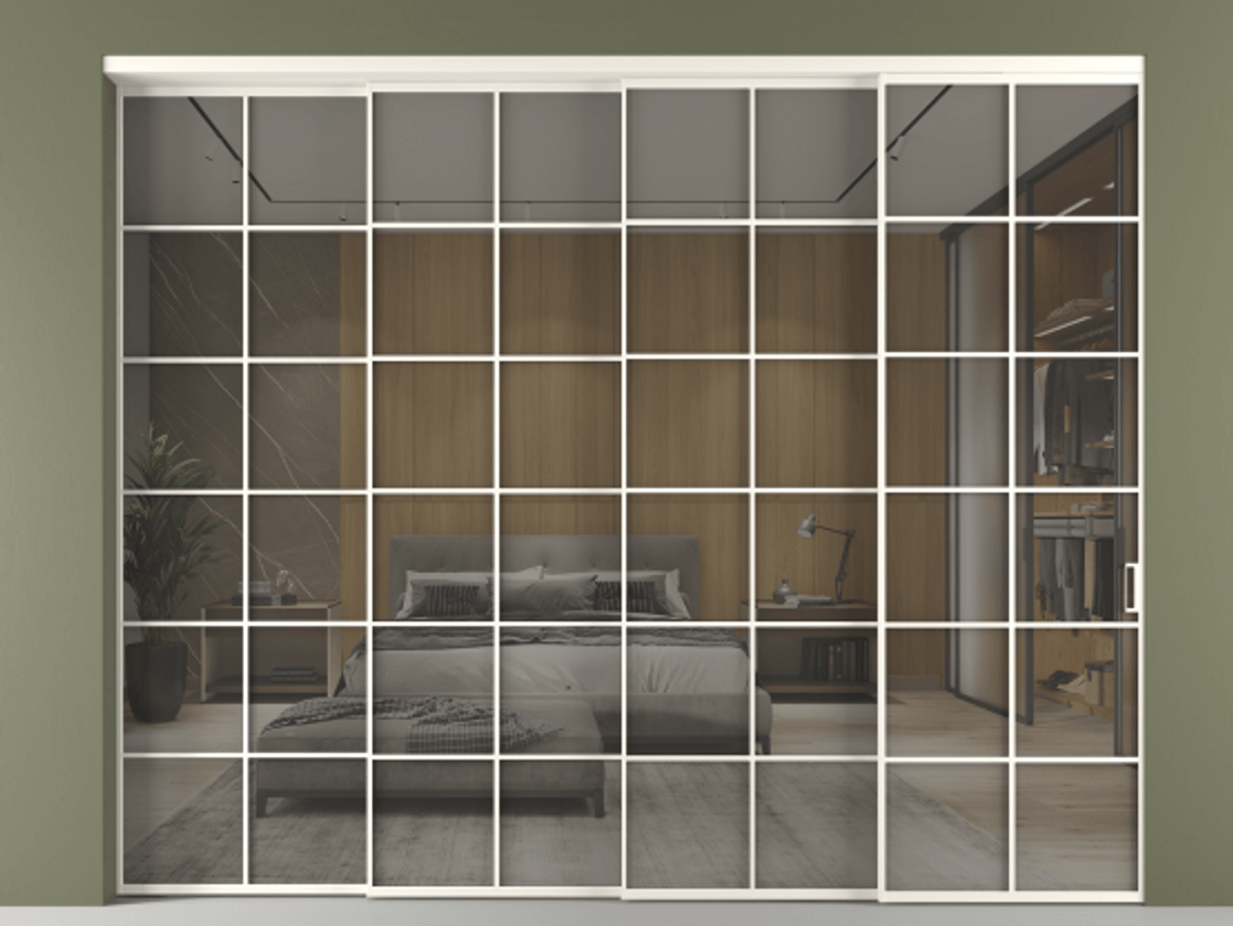 Перегородка Формато внутри проёма 4 створки с синхронным механизмом АЛПР 040.05 Алюминий пудровый белый Рефлективное серое стекло "Стопсол", калёное Цена 748790 сом | Volhovec