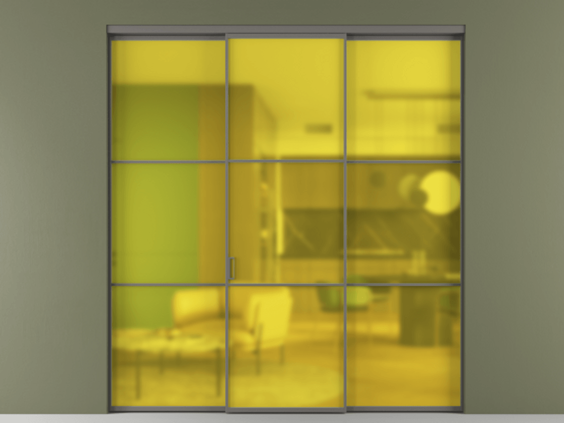 Перегородка Formato внутри проёма 3 створки АЛПР 040.03 Алюминий классический серый Сатинированное жёлтое стекло, триплекс Цена 237275 ₽ | Volhovec