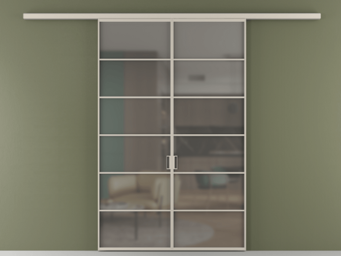 Перегородка Формато вдоль стены 2 створки АЛПР 040.04 Алюминий светло-бежевый Сатинированное серое стекло, триплекс Цена 301610 сом | Volhovec