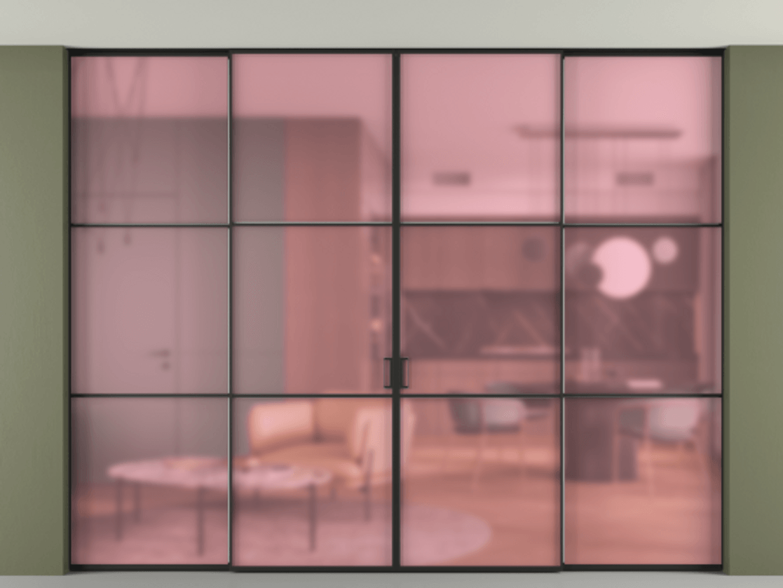 Перегородка Формато внутри проёма скрытое крепление в потолок 4 створки АЛПР 040.03 Алюминий Черный Сатинированное розовое стекло, триплекс Цена 647020 сом | Volhovec