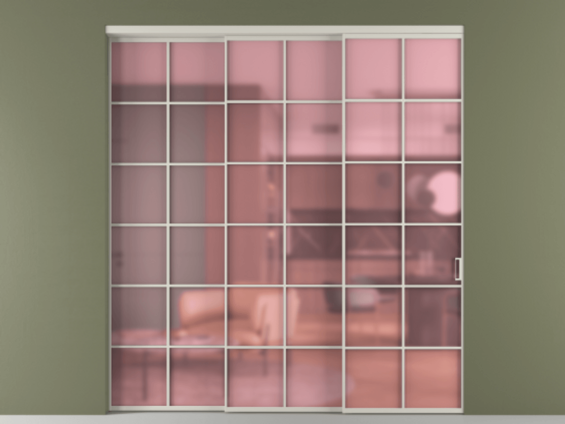 Перегородка Formato внутри проёма 3 створки с синхронным механизмом АЛПР 040.05 Алюминий тёплый серый Сатинированное розовое стекло, триплекс Цена 413000 ₽  | Volhovec