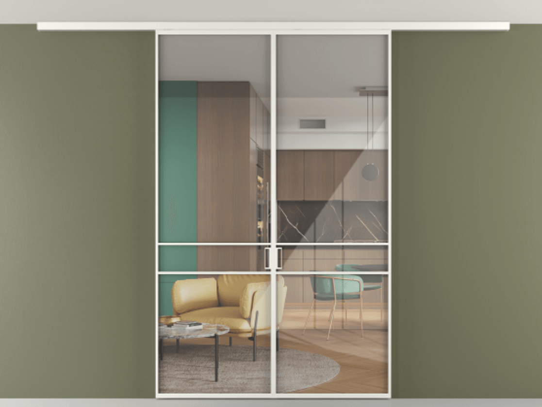 Перегородка Формато вдоль стены на потолок 2 створки АЛПР 040.02 Алюминий светло-серый Рефлективное прозрачное стекло "Стопсол", калёное Цена 355150 сом | Volhovec