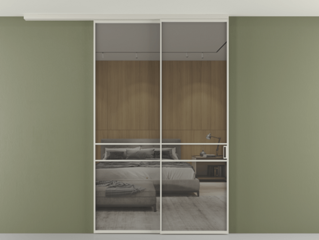 Перегородка Формато вдоль стены на потолок 2 створки с синхронным механизмом АЛПР 040.02 Алюминий тёплый серый Рефлективное серое стекло "Стопсол", калёное Цена 476140 сом | Volhovec