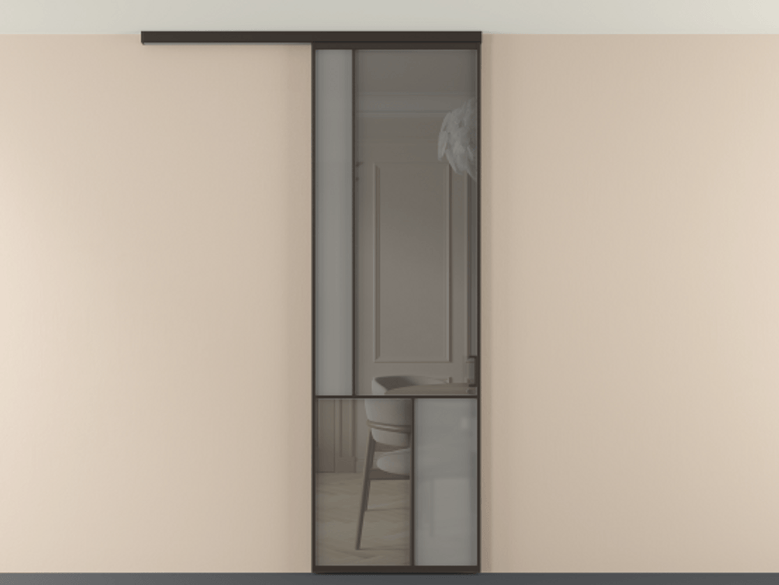 Перегородка Мозаик вдоль стены на потолок 1 створка АЛПР 041.20 Алюминий антрацит Сатинированное серое стекло, триплекс, 6 мм + Прозрачное серое стекло, триплекс Цена 196620 сом | Volhovec