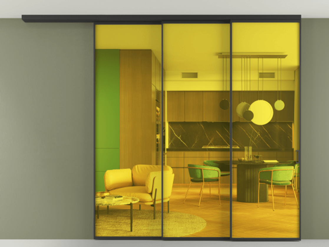 Перегородка Formato вдоль стены на потолок 3 створки с синхронным механизмом АЛПР 040.01 Алюминий Черный Прозрачное жёлтое стекло, триплекс Цена 529450 сом | Volhovec