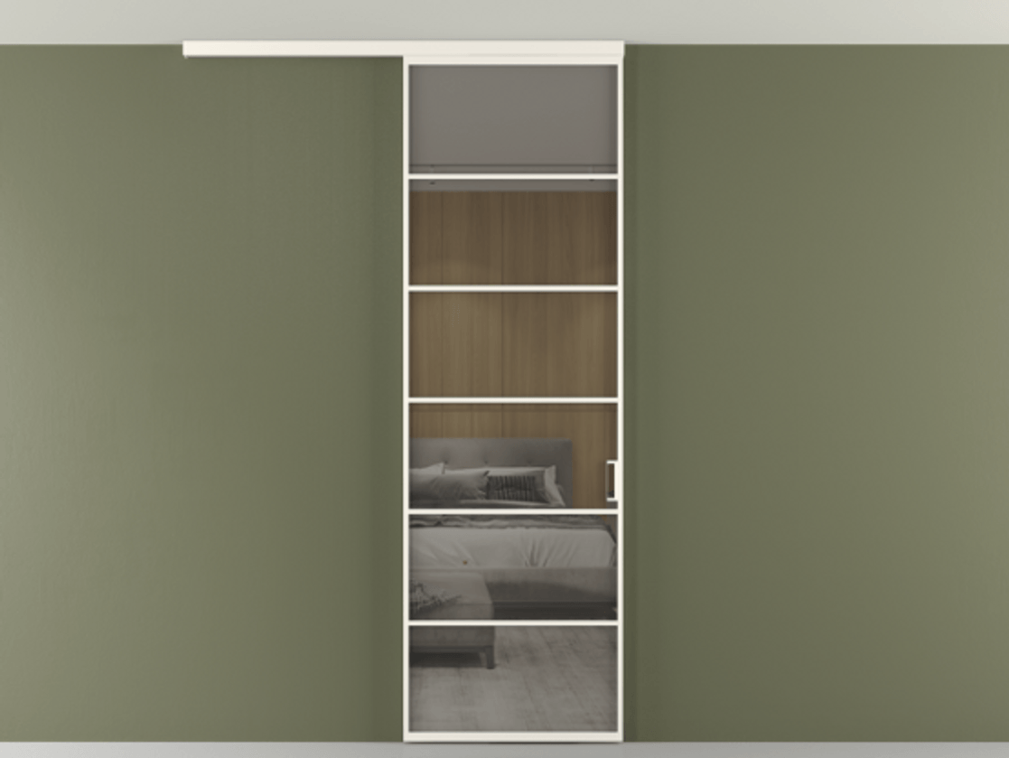 Перегородка Formato вдоль стены на потолок 1 створка АЛПР 040.04 Алюминий пудровый белый Рефлективное серое стекло "Стопсол", калёное Цена 195240 сом | Volhovec