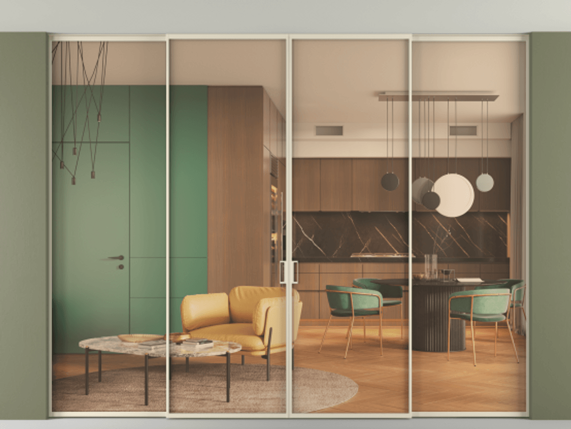 Перегородка Formato внутри проёма скрытое крепление в потолок 4 створки АЛПР 040.01 Алюминий бежево-серый Прозрачное оранжевое стекло, триплекс Цена 727100 сом | Volhovec