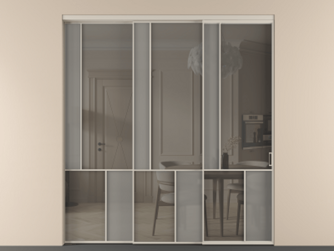 Перегородка Мозаик внутри проёма 3 створки с синхронным механизмом АЛПР 041.20  Алюминий светло-бежевый Сатинированное серое стекло, триплекс, 6 мм + Прозрачное серое стекло, триплекс Цена 636840 сом | Volhovec