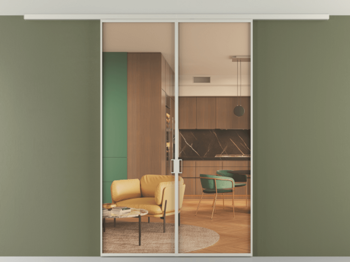 Перегородка Формато вдоль стены на потолок 2 створки АЛПР 040.01 Алюминий тёплый серый Прозрачное оранжевое стекло, триплекс Цена 258740 сом | Volhovec