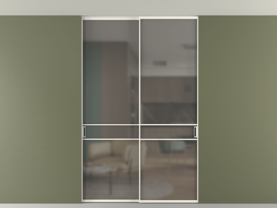 Перегородка Формато внутри проёма скрытое крепление в потолок 2 створки АЛПР 040.02 Алюминий пудровый белый Сатинированное серое стекло, триплекс Цена 361400 сом | Volhovec