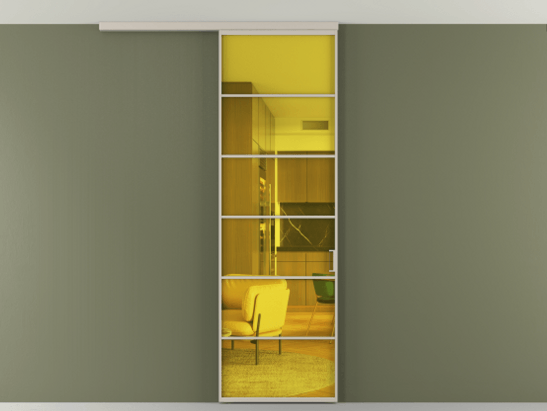 Перегородка Формато вдоль стены на потолок 1 створка АЛПР 040.04 Алюминий светло-бежевый Прозрачное жёлтое стекло, триплекс Цена 150390 сом | Volhovec