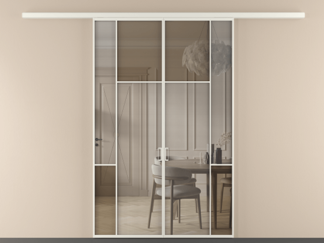 Перегородка Mosaic вдоль стены двустворчатая АЛПР 041.10 Алюминий Белый Mesh silver + Бронза прозрачное триплекс Цена 366270 сом | Volhovec