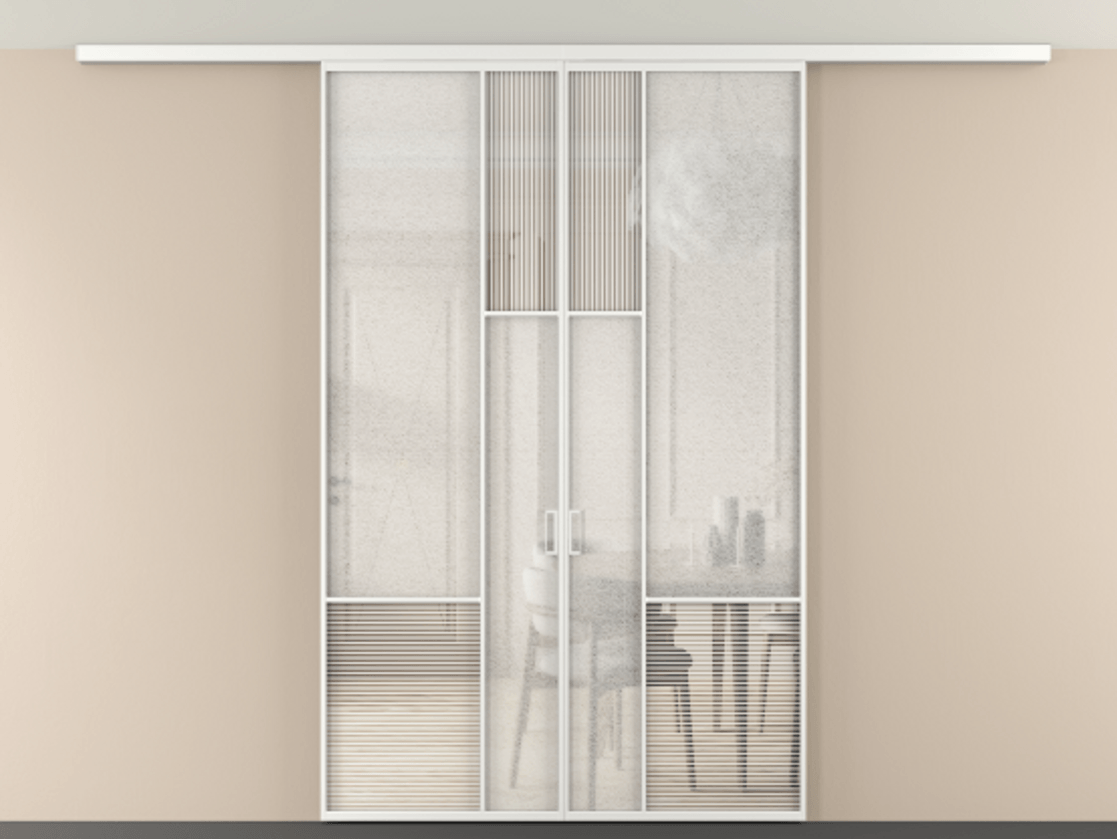 Перегородка Мозаик вдоль стены на потолок 2 створки АЛПР 041.13 Алюминий белоснежный Рифлёное стекло "Дюна", триплекс, 6 мм + Фактурное стекло "Лёд", триплекс Цена 406190 сом | Volhovec