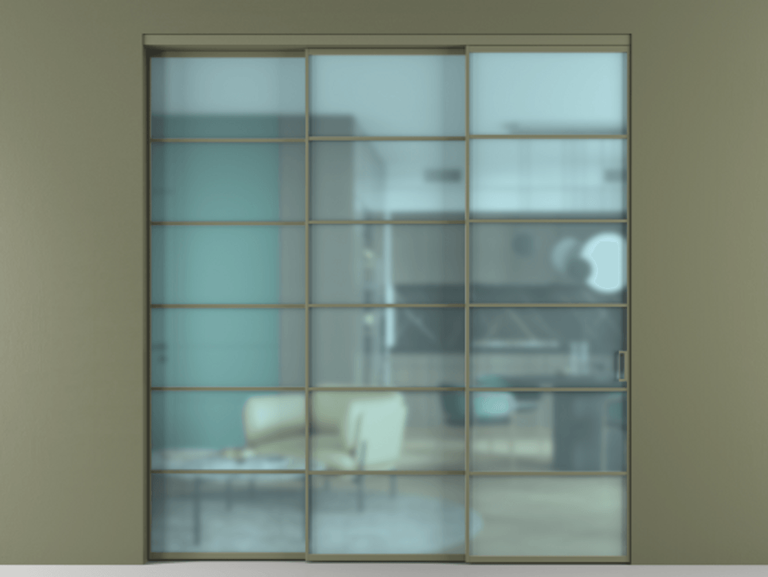 Перегородка Formato внутри проёма 3 створки с синхронным механизмом АЛПР 040.04 Алюминий оливковый тёмный Сатинированное голубое стекло, триплекс Цена 528910 сом  | Volhovec