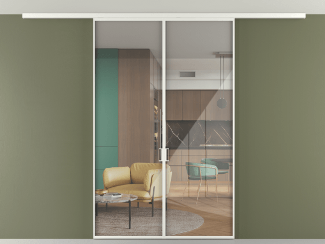 Перегородка Формато вдоль стены на потолок 2 створки АЛПР 040.01 Алюминий светло-серый Рефлективное прозрачное стекло "Стопсол", калёное Цена 337850 сом | Volhovec