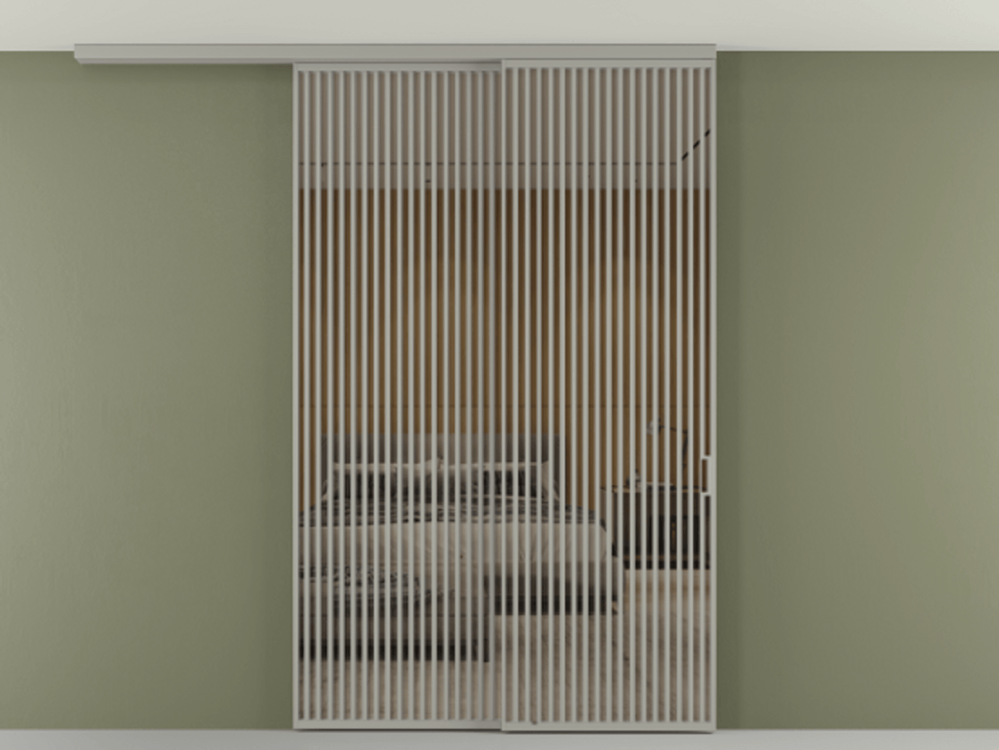 Перегородка Формато вдоль стены на потолок 2 створки с синхронным механизмом АЛПР 040.06 Алюминий нейтральный серый Рефлективное бронзовое стекло "Стопсол", калёное Цена 674501 сом | Volhovec