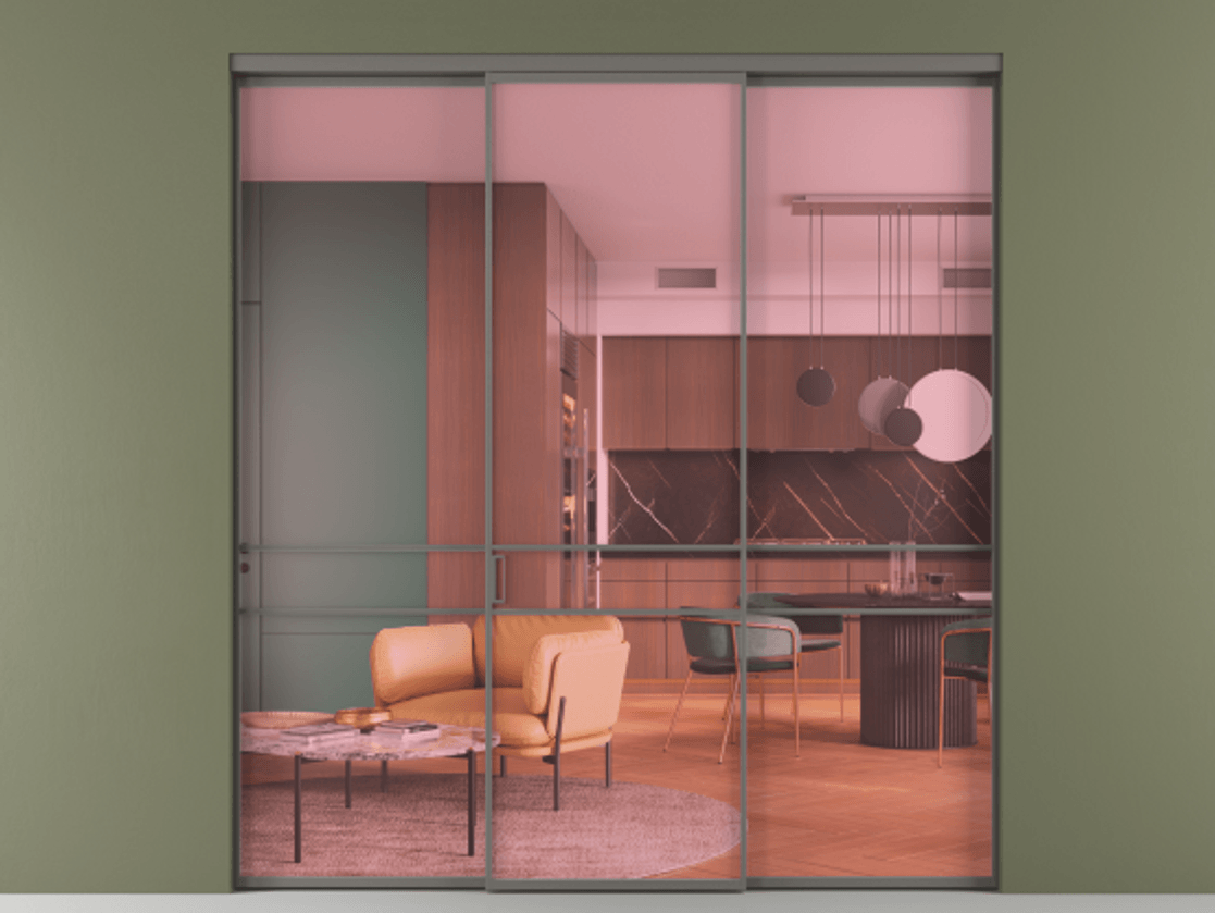 Перегородка Formato внутри проёма 3 створки АЛПР 040.02 Алюминий классический серый Прозрачное розовое стекло, триплекс Цена 237275 ₽ | Volhovec