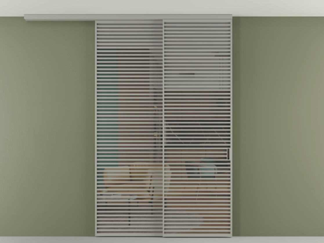 Перегородка Формато вдоль стены на потолок 2 створки с синхронным механизмом АЛПР 040.07 Алюминий нейтральный серый Прозрачное серое стекло, триплекс Цена 655860 сом | Volhovec