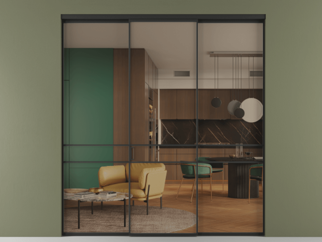 Перегородка Формато внутри проёма 3 створки АЛПР 040.02 Алюминий Черный Прозрачное бронзовое стекло, триплекс Цена 331930 сом | Volhovec