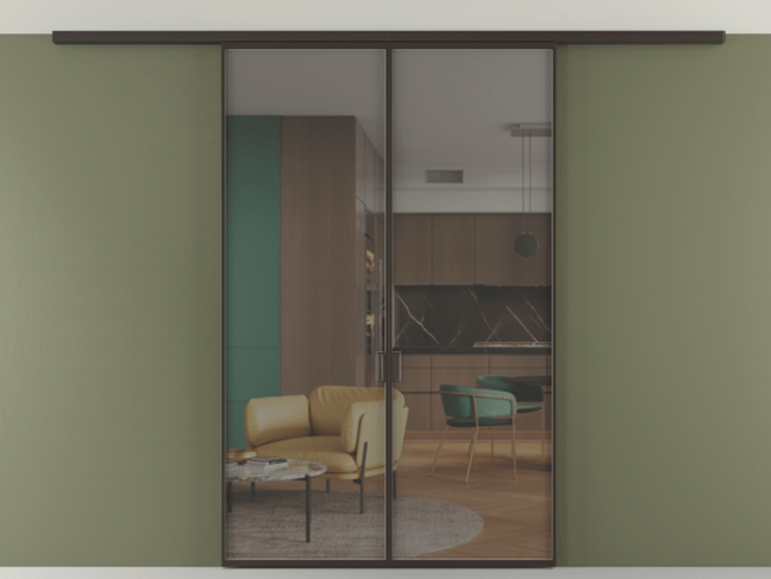 Перегородка Формато вдоль стены на потолок 2 створки АЛПР 040.01 Алюминий антрацит Прозрачное серое стекло, триплекс Цена 258740 сом | Volhovec