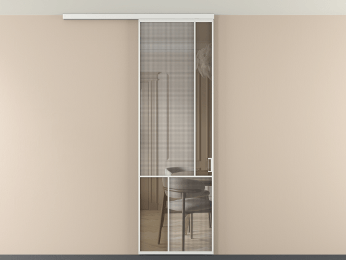 Перегородка Mosaic вдоль стены на потолок 1 створка АЛПР 041.21 Алюминий белоснежный Декоративное стекло с сеткой "Mesh silver", триплекс, 6 мм + Прозрачное бронзовое стекло, триплекс Цена 205350 сом | Volhovec