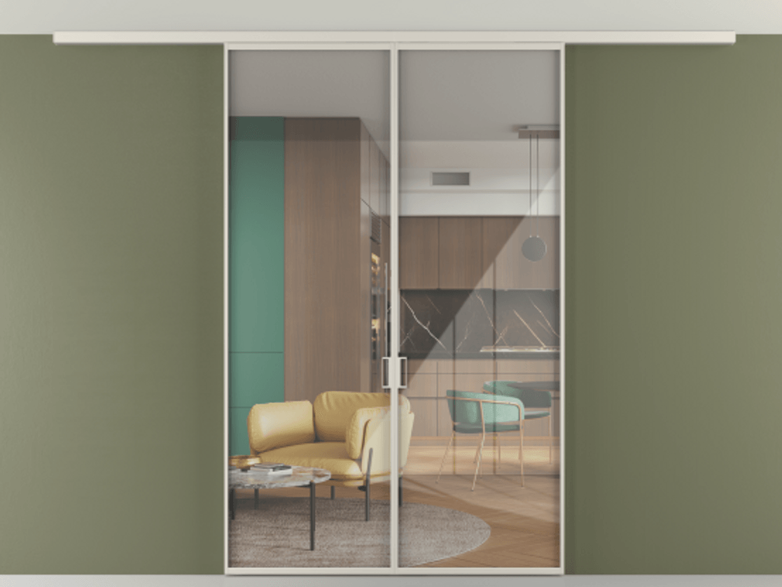 Перегородка Формато вдоль стены на потолок 2 створки АЛПР 040.01 Алюминий облачно-серый Рефлективное прозрачное стекло "Стопсол", калёное Цена 288540 сом | Volhovec