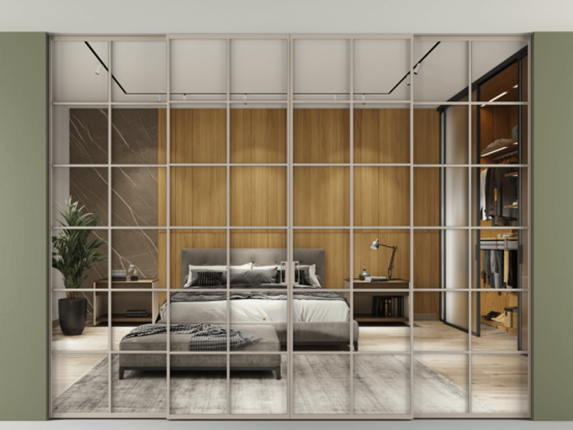 Перегородка Формато внутри проёма скрытое крепление в потолок 4 створки АЛПР 040.05 Алюминий бисквитный Двустороннее зеркало, триплекс , триплекс 6 мм Цена 705440 сом | Volhovec