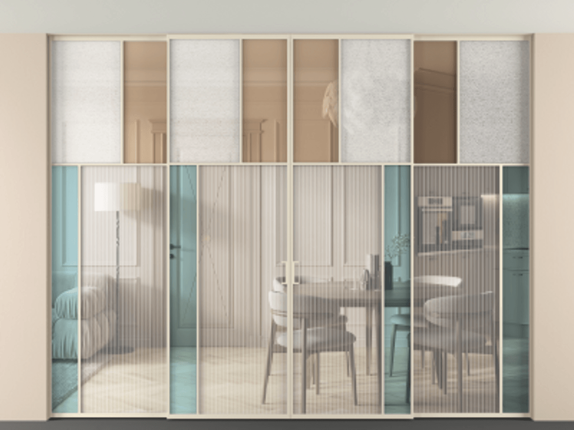 Перегородка Mosaic внутри проёма четырёхстворчатая со скрытым креплением в потолок АЛПР 041.23 Алюминий бежево-серый Комбинация стекол Группы 1 и Группы 3 Цена 830710 сом | Volhovec