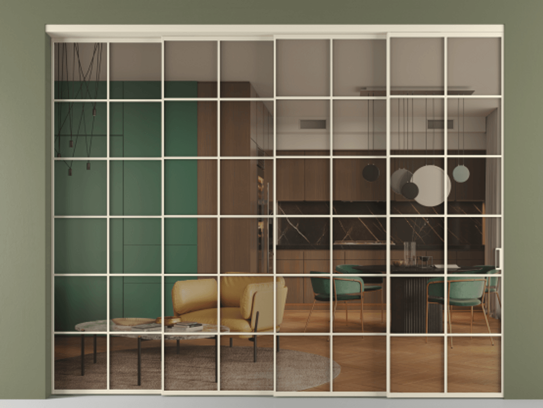 Перегородка Формато внутри проёма 4 створки с синхронным механизмом АЛПР 040.05 Алюминий бежево-серый Прозрачное бронзовое стекло, триплекс Цена 711520 сом | Volhovec