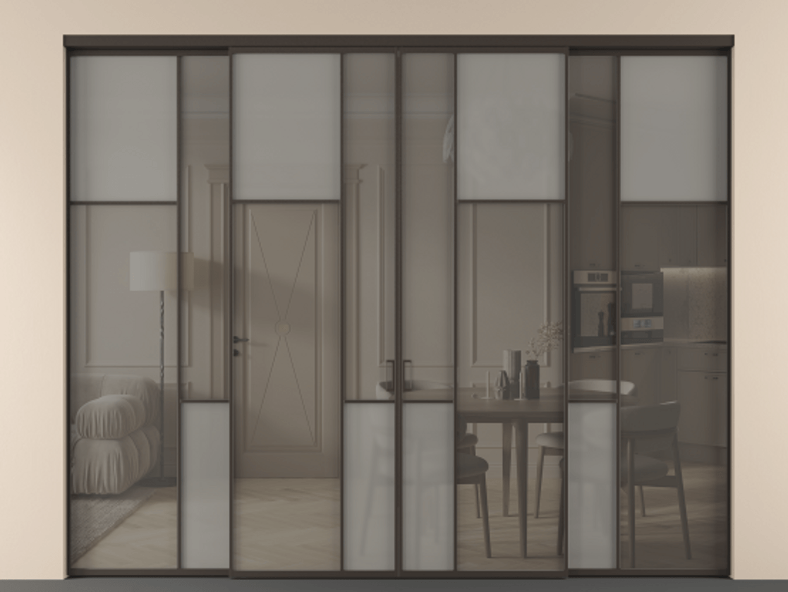 Перегородка Мозаик внутри проёма 4 створки АЛПР 041.11 Алюминий антрацит Сатинированное серое стекло, триплекс, 6 мм + Прозрачное серое стекло, триплекс Цена 671100 сом | Volhovec