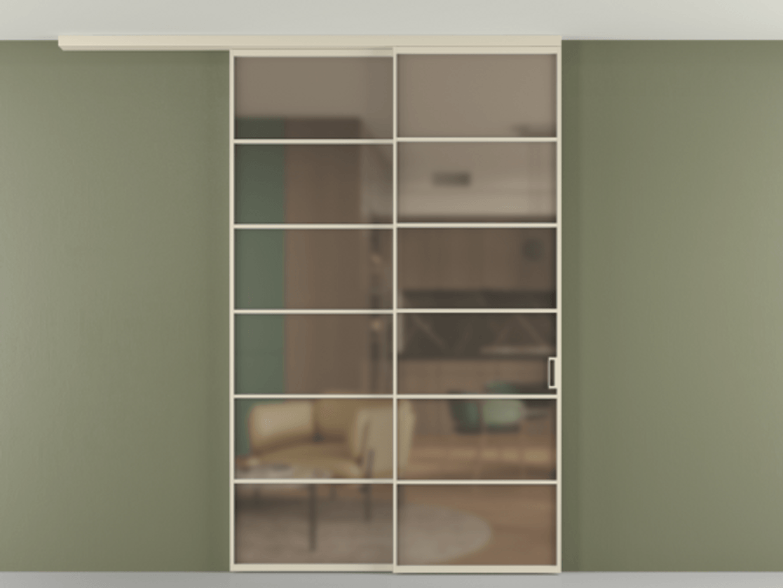 Перегородка Формато вдоль стены на потолок 2 створки с синхронным механизмом АЛПР 040.04 Алюминий бежево-серый Сатинированное бронзовое стекло, триплекс Цена 477830 сом | Volhovec