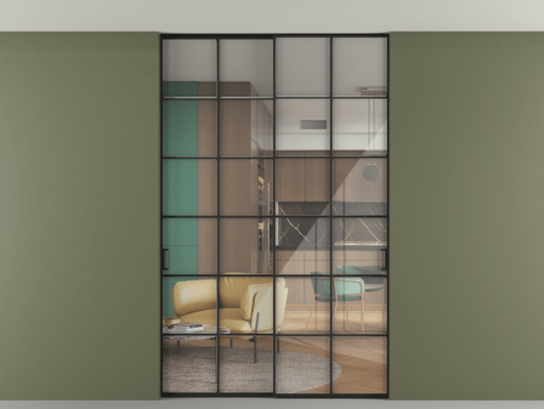 Перегородка Формато внутри проёма скрытое крепление в потолок 2 створки АЛПР 040.05 Алюминий Черный Рефлективное прозрачное стекло "Стопсол", калёное Цена 457010 сом | Volhovec