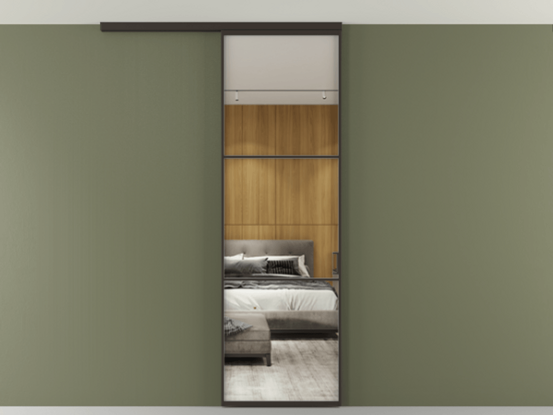 Перегородка Формато вдоль стены на потолок 1 створка АЛПР 040.03 Алюминий антрацит Двустороннее зеркало, триплекс , триплекс 6 мм Цена 147040 сом | Volhovec