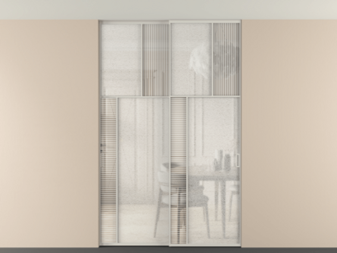 Перегородка Мозаик внутри проёма скрытое крепление в потолок 2 створки АЛПР 041.22 Алюминий тёплый серый Рифлёное стекло "Дюна", триплекс, 6 мм + Фактурное стекло "Лёд", триплекс Цена 495880 сом | Volhovec