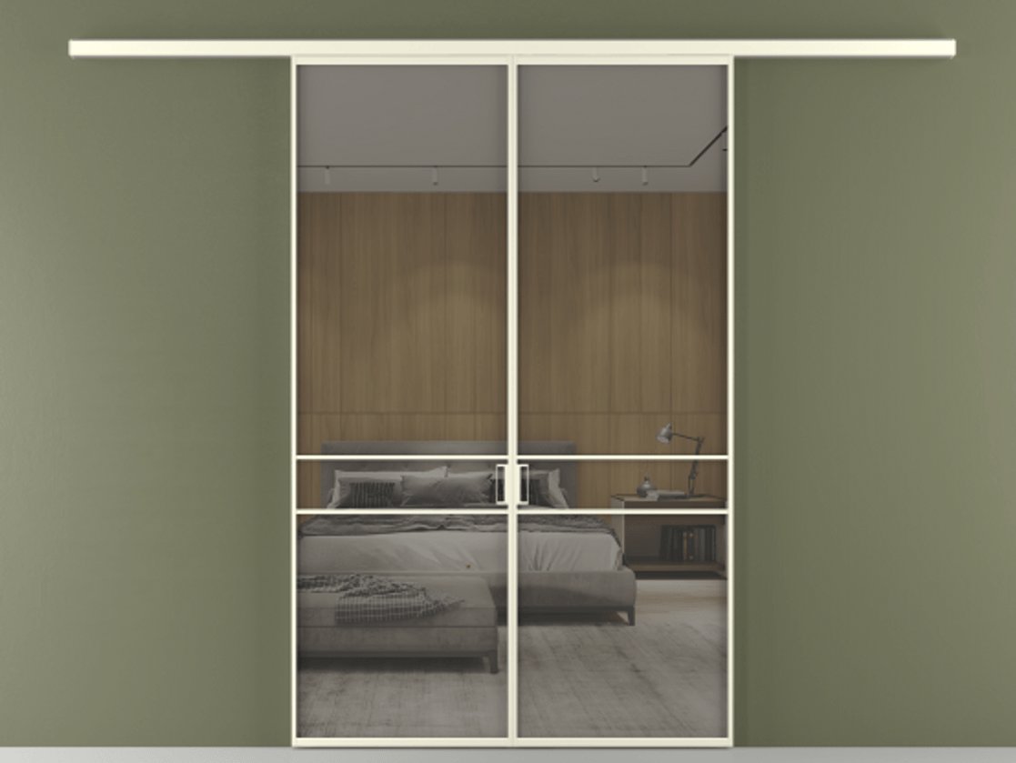 Перегородка Формато вдоль стены 2 створки АЛПР 040.02 Алюминий молочно-белый Рефлективное серое стекло "Стопсол", калёное Цена 362540 сом | Volhovec