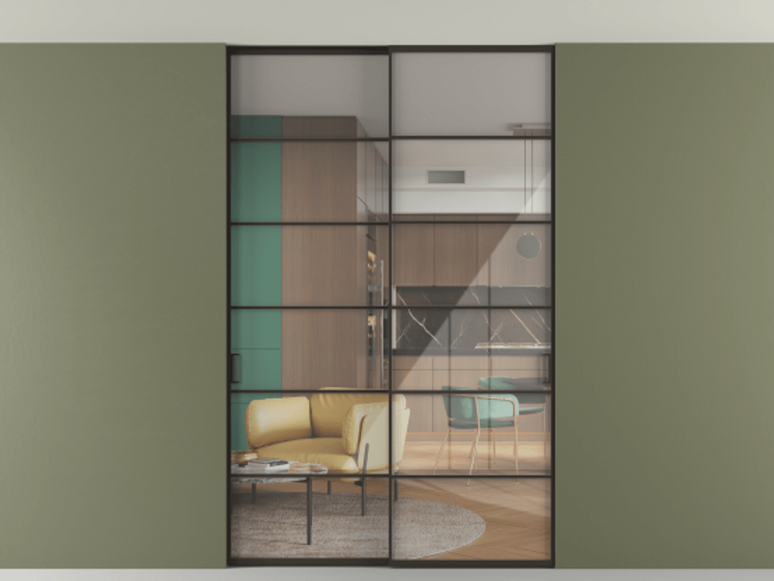 Перегородка Формато внутри проёма скрытое крепление в потолок 2 створки АЛПР 040.04 Алюминий антрацит Рефлективное прозрачное стекло "Стопсол", калёное Цена 469820 сом | Volhovec