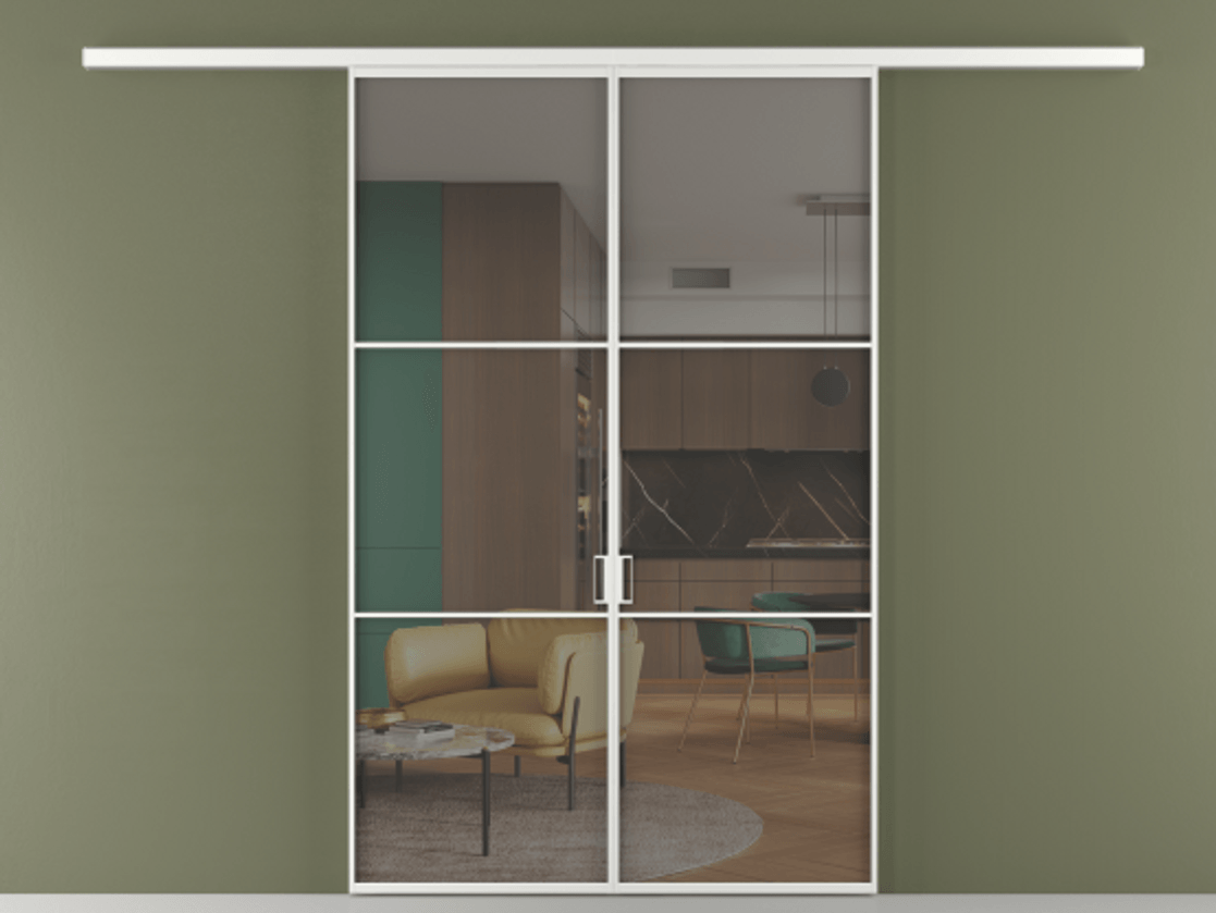 Перегородка Формато вдоль стены 2 створки АЛПР 040.03 Алюминий белоснежный Прозрачное серое стекло, триплекс Цена 284580 сом | Volhovec