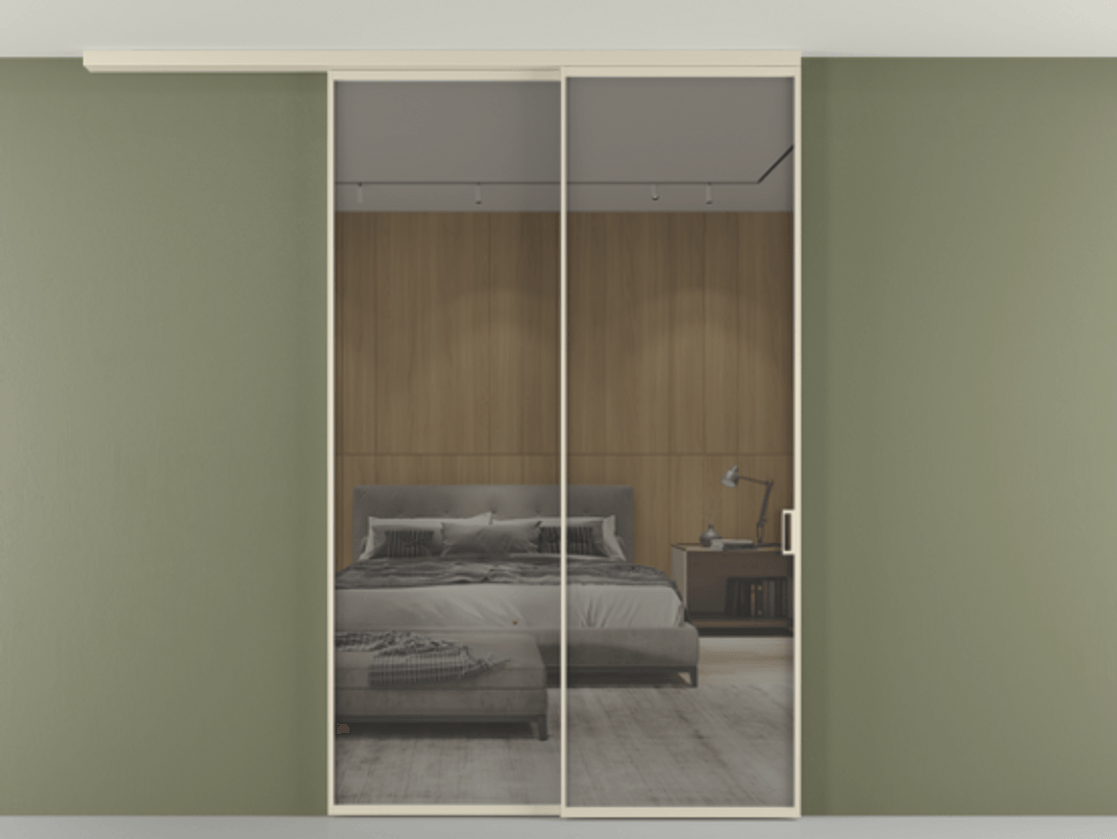 Перегородка Формато вдоль стены на потолок 2 створки с синхронным механизмом АЛПР 040.01 Алюминий бежево-серый Рефлективное серое стекло "Стопсол", калёное Цена 458840 сом | Volhovec