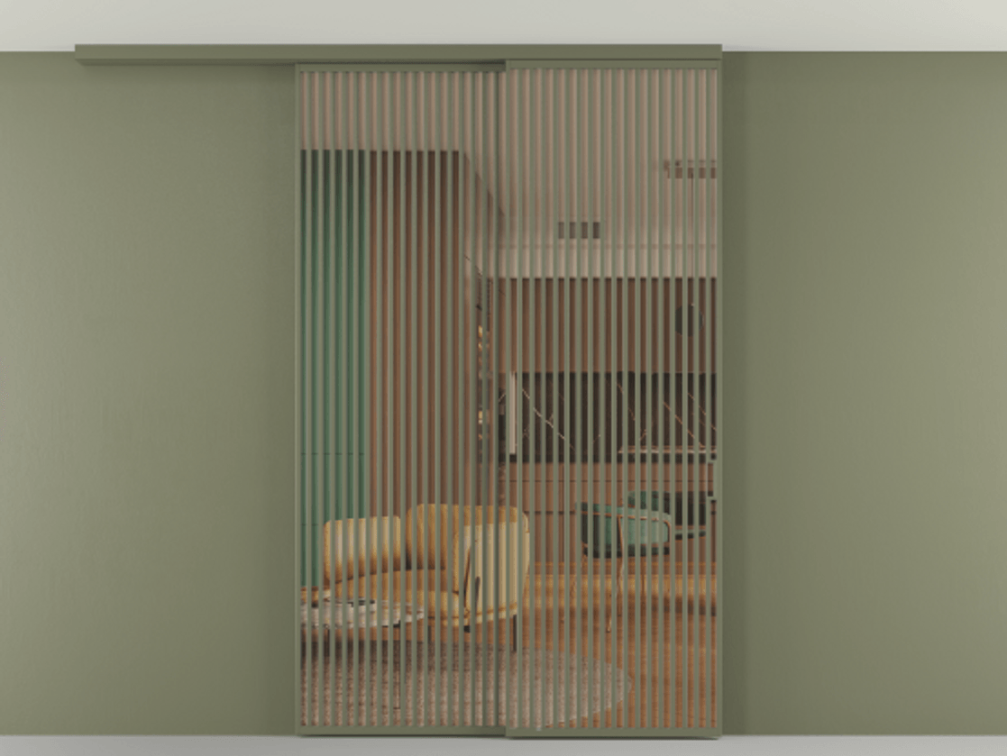 Перегородка Formato вдоль стены на потолок 2 створки с синхронным механизмом АЛПР 040.06 Алюминий оливковый тёмный Прозрачное оранжевое стекло, триплекс Цена 655860 сом | Volhovec