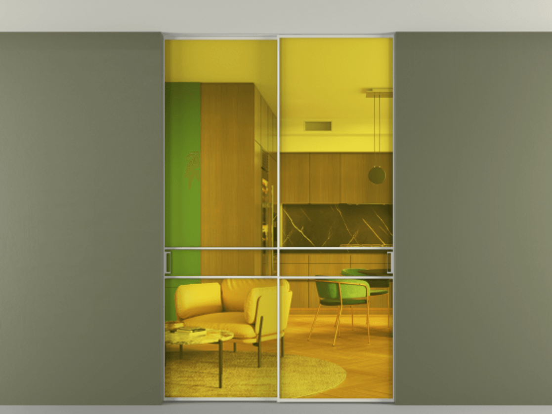 Перегородка Формато внутри проёма скрытое крепление в потолок 2 створки АЛПР 040.02 Алюминий Белый Прозрачное жёлтое стекло, триплекс Цена 352750 сом | Volhovec