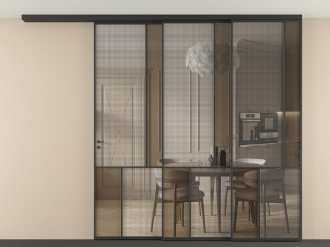 Перегородка Mosaic вдоль стены телескопик синхро 3 АЛПР 041.21 Алюминий Черный Декоративное стекло с сеткой "Mesh silver", триплекс, 6 мм + Прозрачное бронзовое стекло, триплекс, 6 мм. Скрытый короб ЧЕР Цена 488960 ₽ . Фабрика дверей Волховец 8 (800) 551 43 19 Перегородка Mosaic вдоль стены телескопик синхро 3 АЛПР 041.21 Алюминий Черный Декоративное стекло с сеткой "Mesh silver", триплекс, 6 мм + Прозрачное бронзовое стекло, триплекс, 6 мм Цена 488960 ₽ | Volhovec