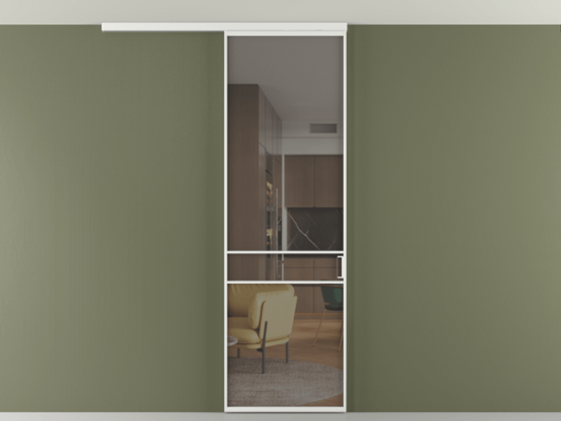 Перегородка Формато вдоль стены на потолок 1 створка АЛПР 040.02 Алюминий белоснежный Прозрачное серое стекло, триплекс Цена 100988 ₽ | Volhovec