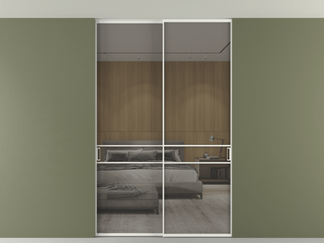 Перегородка Формато внутри проёма скрытое крепление в потолок 2 створки АЛПР 040.02 Алюминий светло-серый Рефлективное серое стекло "Стопсол", калёное Цена 444840 сом | Volhovec