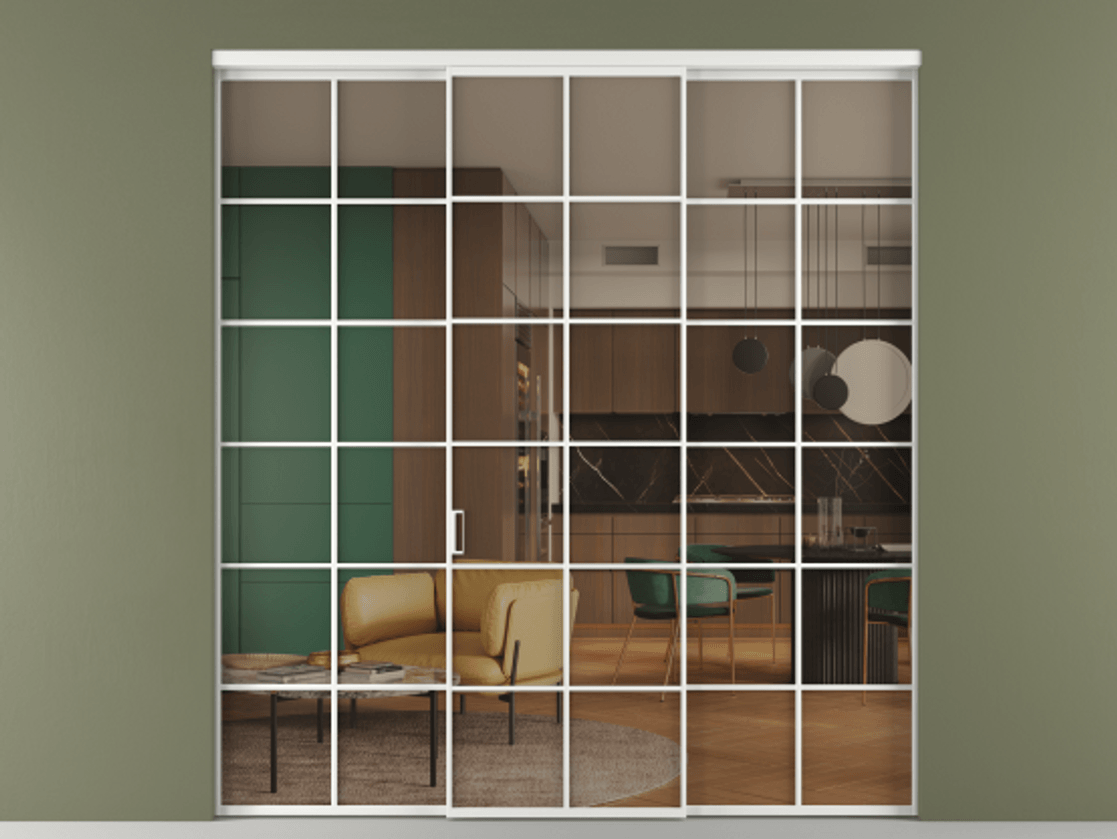 Перегородка Формато внутри проёма 3 створки АЛПР 040.05 Алюминий белоснежный Прозрачное бронзовое стекло, триплекс Цена 371030 сом | Volhovec