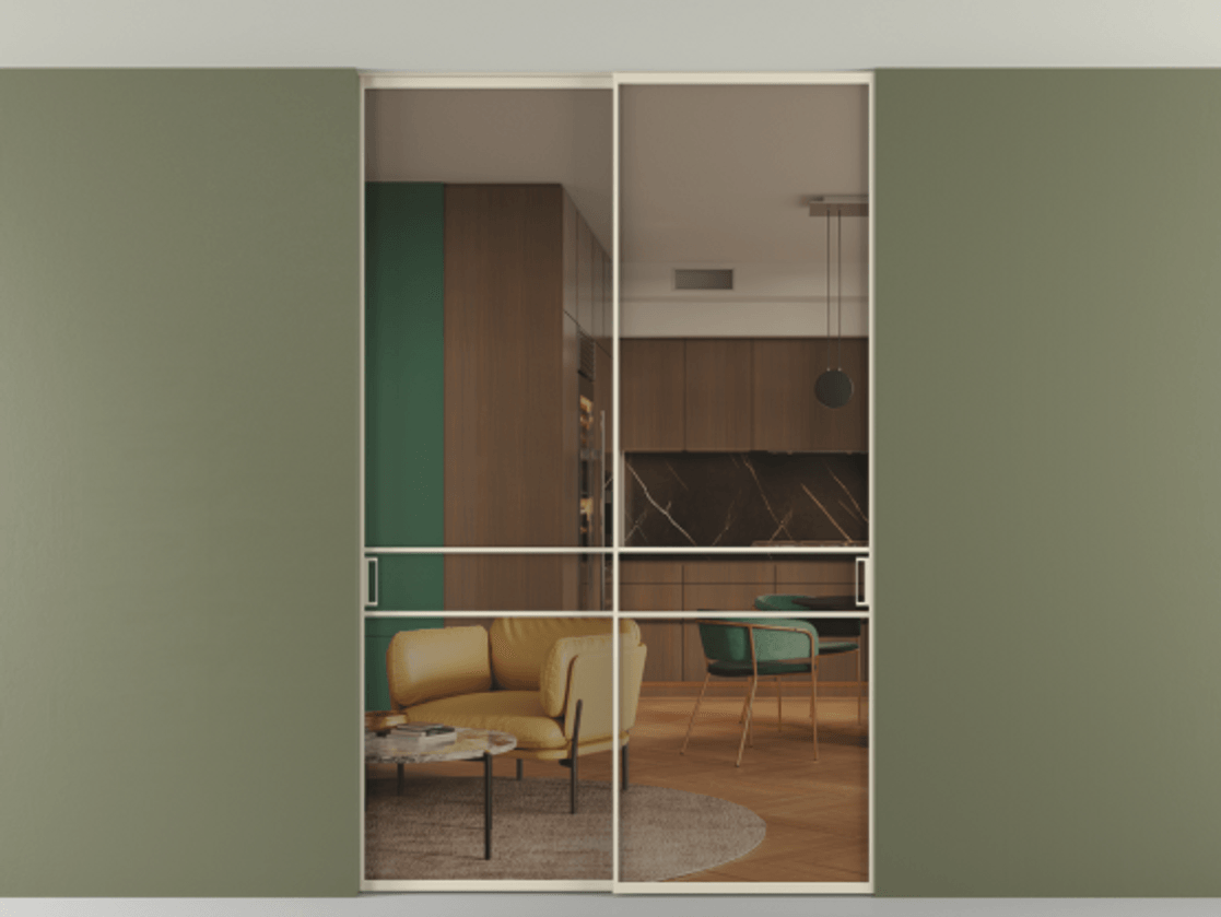 Перегородка Формато внутри проёма скрытое крепление в потолок 2 створки АЛПР 040.02 Алюминий бежево-серый Прозрачное бронзовое стекло, триплекс Цена 361400 сом | Volhovec