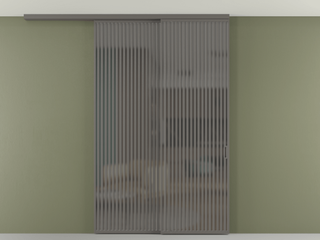 Перегородка Формато вдоль стены на потолок 2 створки с синхронным механизмом АЛПР 040.06 Алюминий классический серый Сатинированное серое стекло, триплекс Цена 3037880 AMD | Volhovec