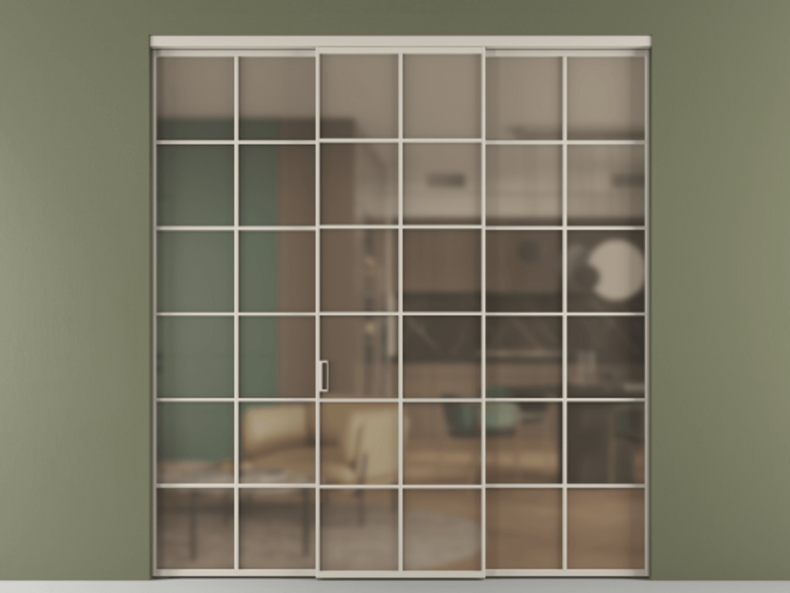 Перегородка Формато внутри проёма 3 створки АЛПР 040.05 Алюминий светло-бежевый Сатинированное бронзовое стекло, триплекс Цена 371030 сом | Volhovec