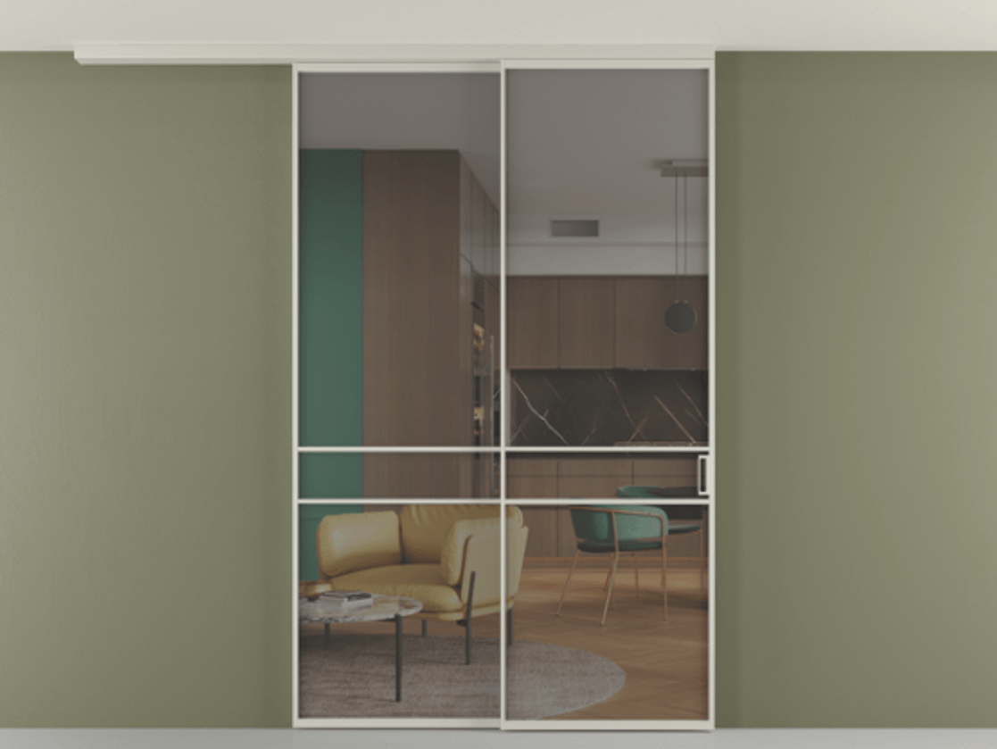 Перегородка Формато вдоль стены на потолок 2 створки с синхронным механизмом АЛПР 040.02 Алюминий тёплый серый Прозрачное серое стекло, триплекс Цена 452850 сом | Volhovec