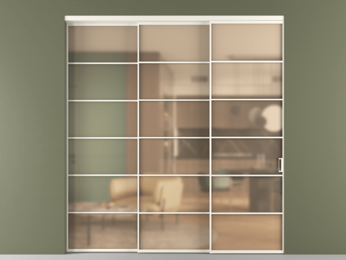 Перегородка Formato внутри проёма 3 створки с синхронным механизмом АЛПР 040.04 Алюминий пудровый белый Сатинированное оранжевое стекло, триплекс Цена 528910 сом  | Volhovec